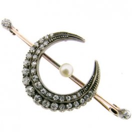 Edwardian Old Cut Diamond and Pearl Crescent Brooch